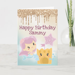 Kawaii Mermaid en Sandcastle Gradient Birthday Kaart