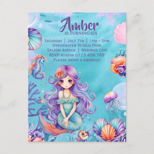 Kawaii Mermaid Party Uitnodiging Briefkaart (Voorkant)