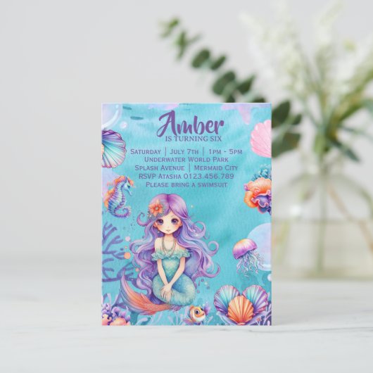 Kawaii Mermaid Party Uitnodiging Briefkaart (Staand voorkant)