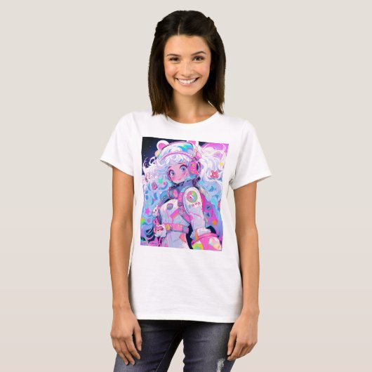 Kawaii Moe Pastel Space Astronaut Anime Meisje T-shirt (Voorkant volledig)
