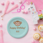 Kawaii Monkey Birthday Party Blue Green Papieren Bordje (Feest)