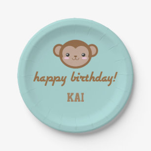 Kawaii Monkey Birthday Party Blue Green Papieren Bordje
