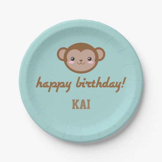 Kawaii Monkey Birthday Party Blue Green Papieren Bordje (Voorkant)