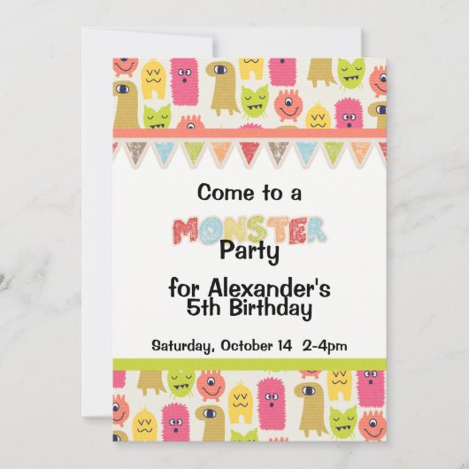 Kawaii Monster Birthday Party Invitation Kaart (Voorkant)