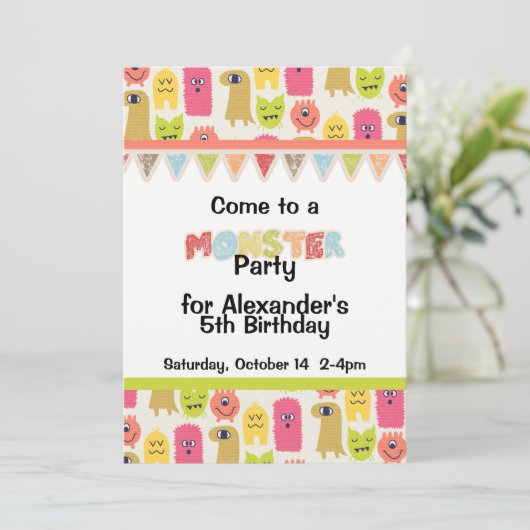 Kawaii Monster Birthday Party Invitation Kaart (Staand voorkant)
