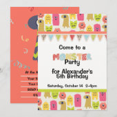 Kawaii Monster Birthday Party Invitation Kaart (Voorkant / Achterkant)