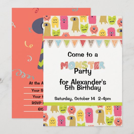 Kawaii Monster Birthday Party Invitation Kaart (Voorkant / Achterkant)
