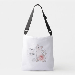 Kawaii "Mooi maar Wreed" Kat Bloemige Boodschappen Crossbody Tas