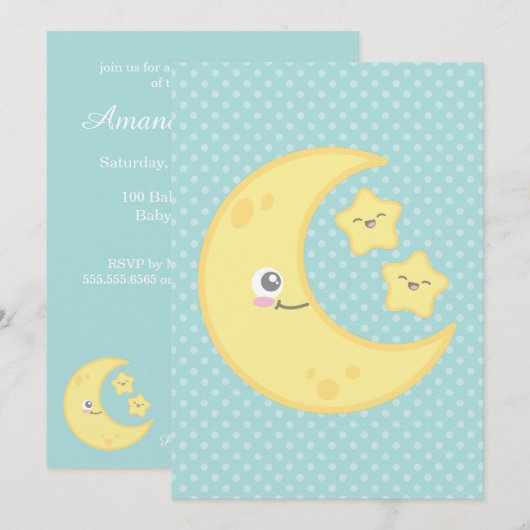 Kawaii Moon en Stars Baby Shower Invitations Kaart (Voorkant / Achterkant)