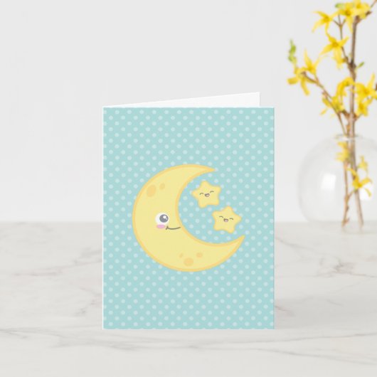 Kawaii Moon en Stars Note Card Kaart (Gele Bloem)