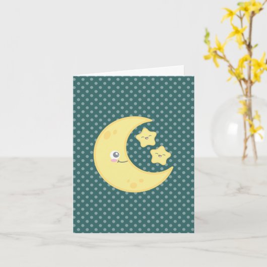 Kawaii Moon en Stars Note Card Kaart (Gele Bloem)
