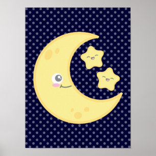 Kawaii Moon en Stars Poster Print