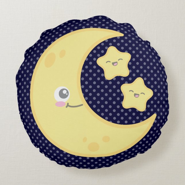 Kawaii Moon en Stars Round Pillow Rond Kussen (Achterkant)