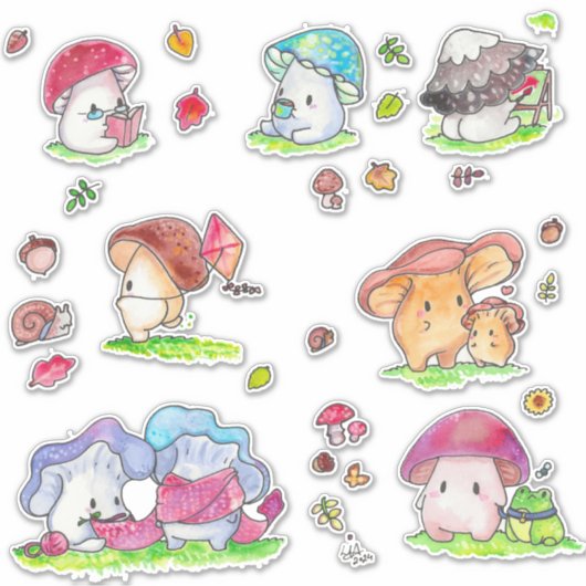 Kawaii Mushroom Friends Sticker assortiment (Voorkant)