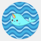Kawaii Narwhal Blue Waves Sticker (Voorkant)