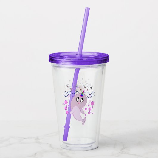 Kawaii Narwhal met bubbels en regenbooghoorn Acryl Drinkbeker (Achterkant)