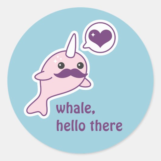 Kawaii Narwhal met snor Ronde Sticker (Voorkant)