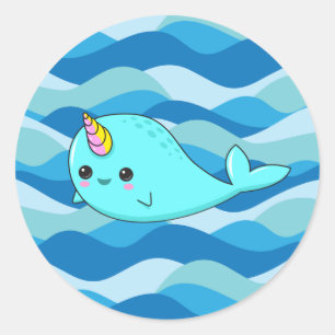 Kawaii Narwhal op Blue Waves Sticker