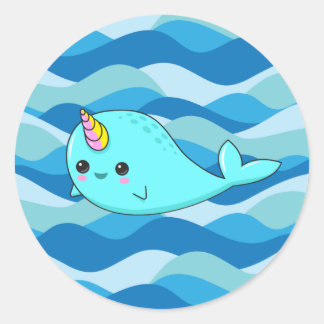 Kawaii Narwhal op Blue Waves Sticker
