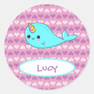 Kawaii Narwhal Paars Heart Name Sticker