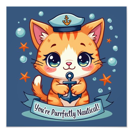 Kawaii Nautical Cat Sailing Anchor Pun Foto Afdruk (Voorkant)