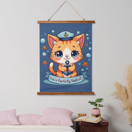 Kawaii Nautical Cat Sailing Anchor Pun Hangend Wandkleed (Slaapkamer)