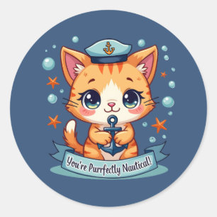 Kawaii Nautical Cat Sailing Anchor Pun Ronde Sticker