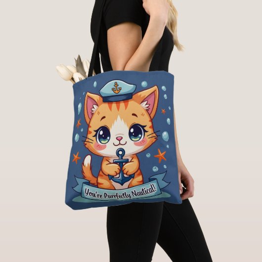 Kawaii Nautical Cat Sailing Anchor Pun Tote Bag (Dichtbij)