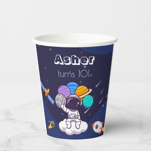 Kawaii navy blue space astronaut theme party  papieren bekers (Voorkant)