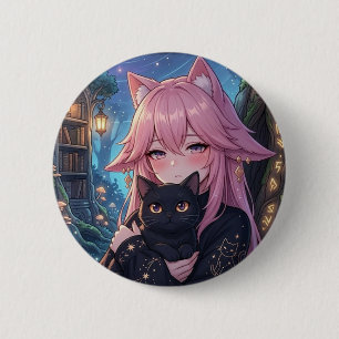 Kawaii Neko Anime Meisje met Zwarte Kat - Eclipse Ronde Button 5,7 Cm