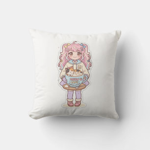 Kawaii Neko Cafe Anime Meisje Chibi Kussen