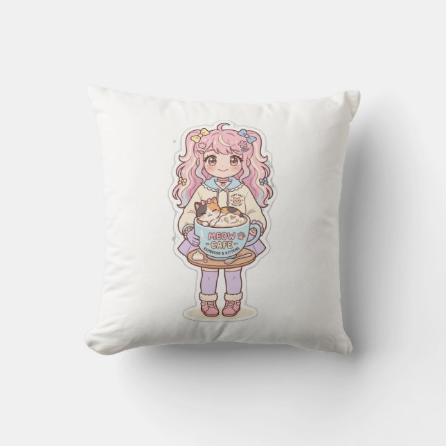 Kawaii Neko Cafe Anime Meisje Chibi Kussen (Voorkant)