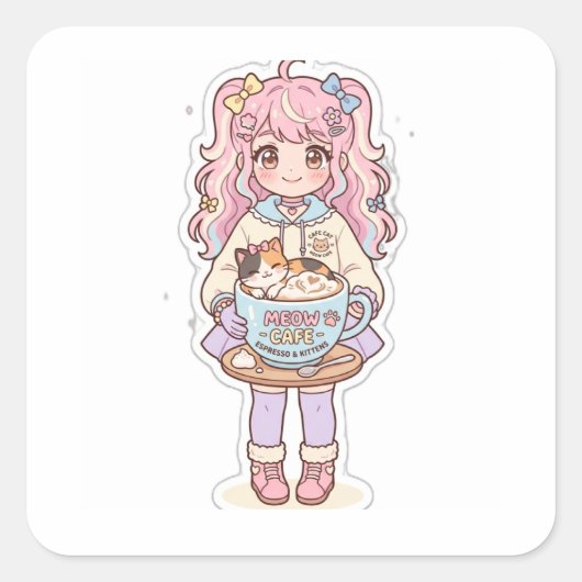 Kawaii Neko Cafe Anime Meisje Chibi Sticker (Voorkant)