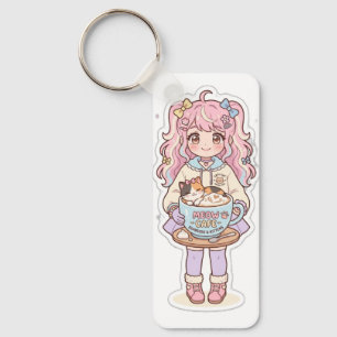 Kawaii Neko Cafe Chibi Anime Meisje Sleutelhanger