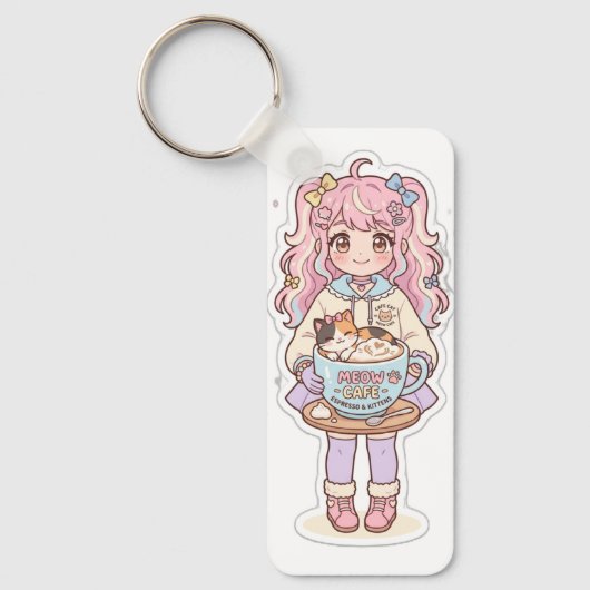 Kawaii Neko Cafe Chibi Anime Meisje Sleutelhanger (Voorkant)