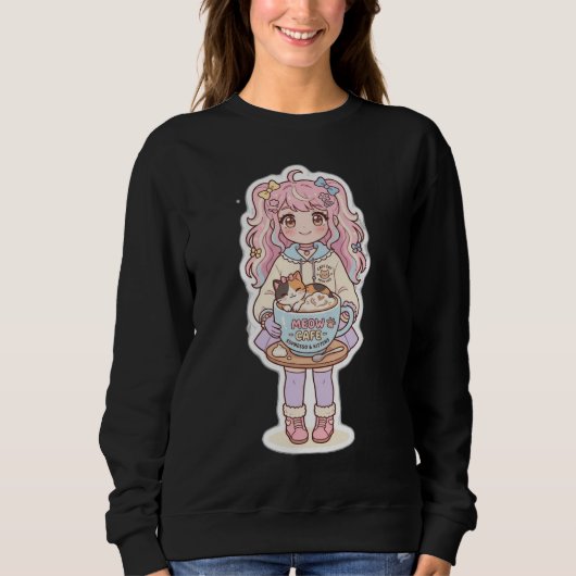 Kawaii Neko Cafe Chibi Anime Meisje Zwarte Sweater (Voorkant)