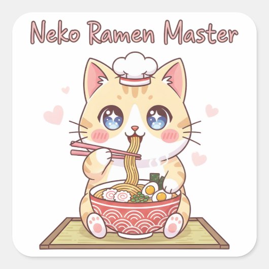 Kawaii Neko Ramen Master Cute Cat Food Chef Vierkante Sticker (Voorkant)