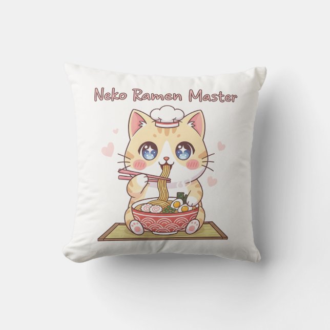 Kawaii Neko Ramen Master Schattige Kat Voedsel Che Kussen (Voorkant)