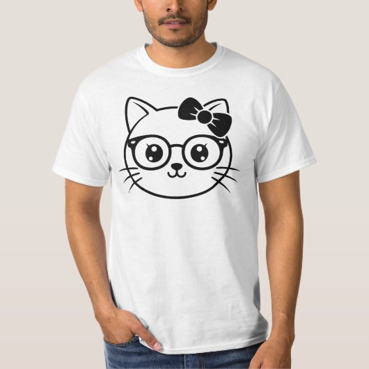 Kawaii Nerdy Cat Face with Glasses and Bow Line Ar T-shirt (Voorkant)