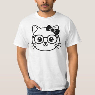 Kawaii Nerdy Kattengezicht met Bril en Strik Lijn  T-shirt
