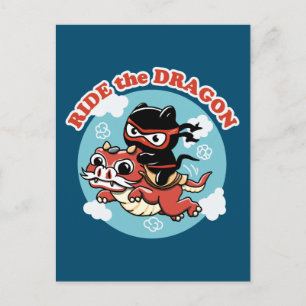Kawaii Ninja Cat Ride the Dragon Briefkaart