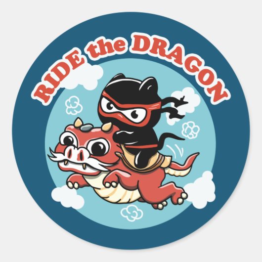 Kawaii Ninja Cat | Ride the Dragon Ronde Sticker (Voorkant)