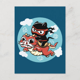 Kawaii Ninja Cat Riding a Red Dragon Briefkaart
