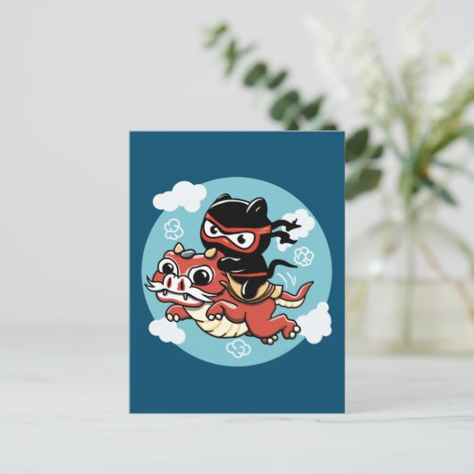 Kawaii Ninja Cat Riding a Red Dragon Briefkaart (Staand voorkant)