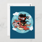 Kawaii Ninja Cat Riding a Red Dragon Briefkaart (Voorkant / Achterkant)