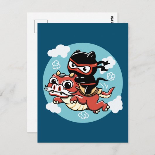 Kawaii Ninja Cat Riding a Red Dragon Briefkaart (Voorkant / Achterkant)