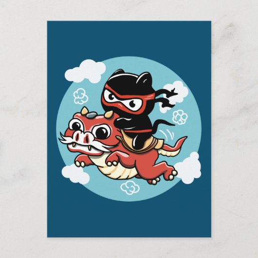 Kawaii Ninja Cat Riding a Red Dragon Briefkaart (Voorkant)