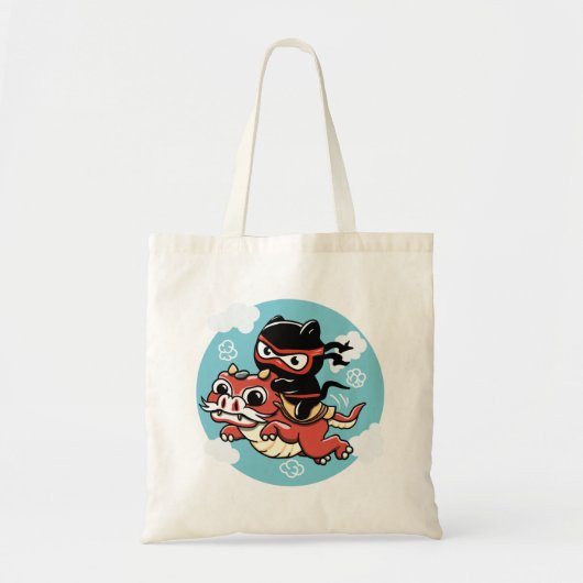 Kawaii Ninja Cat Riding a Red Dragon Button Tote Bag (Voorkant)
