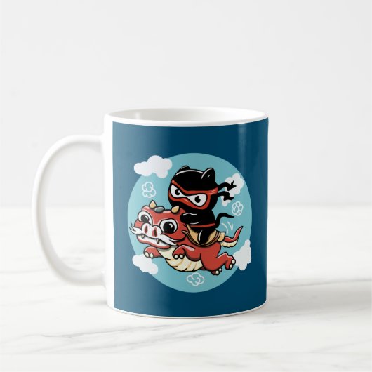 Kawaii Ninja Cat Riding a Red Dragon Koffiemok (Links)