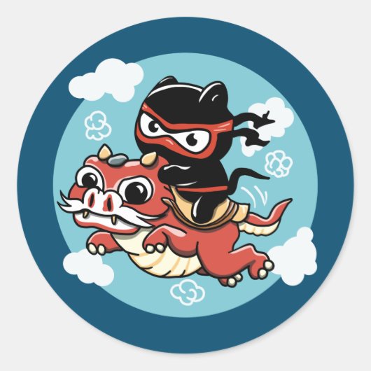 Kawaii Ninja Cat Riding a Red Dragon Ronde Sticker (Voorkant)